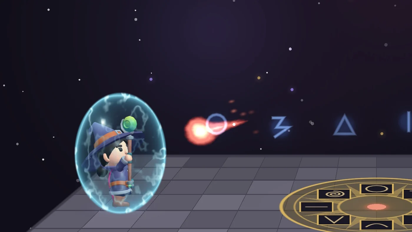 Fireball flying at a wizard behind a water shield